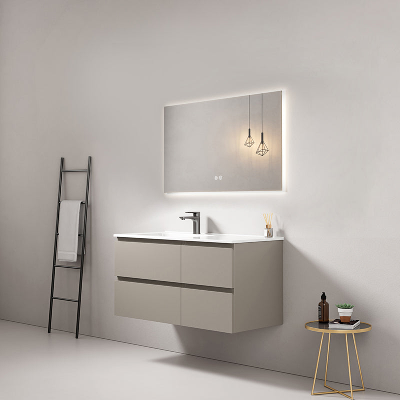Mobile bagno sospeso 100 cm Grigio Cenere Lavabo a Sinistra in Ceramica Specchio Quadro Retroilluminato - Fiji Paint