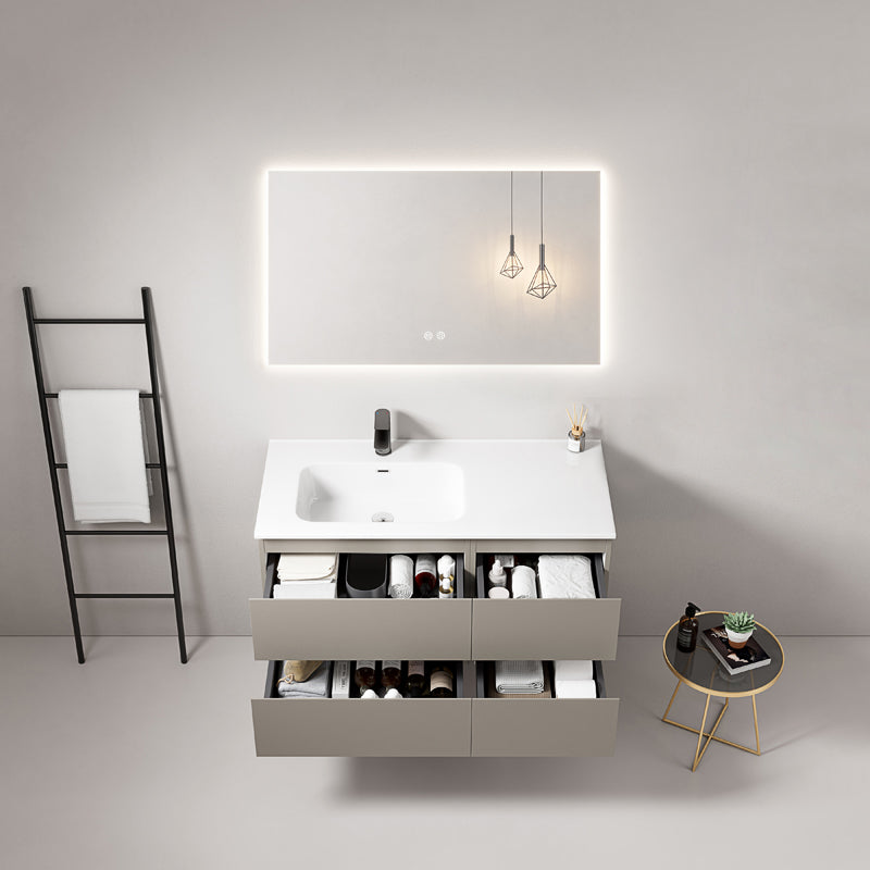 Mobile bagno sospeso 100 cm Grigio Cenere Lavabo a Sinistra in Ceramica Specchio Quadro Retroilluminato - Fiji Paint