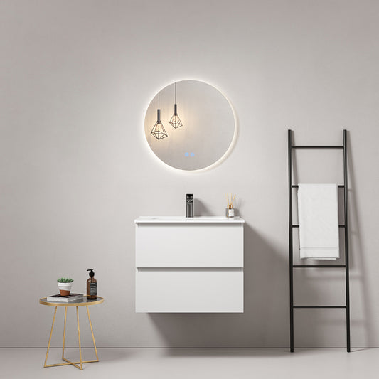 Mobile bagno sospeso 60 cm Bianco Lavabo in Ceramica Specchio Tondo Retroilluminato - Fiji Paint