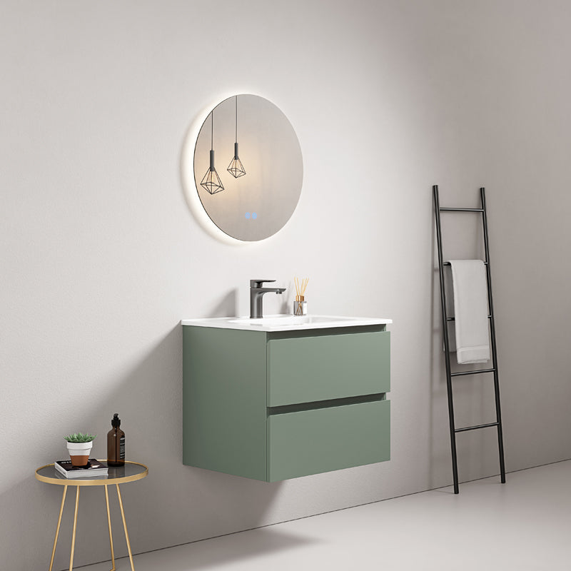 Mobile bagno sospeso 60 cm Verde Salvia Lavabo in Ceramica Specchio Tondo Retroilluminato - Fiji Paint