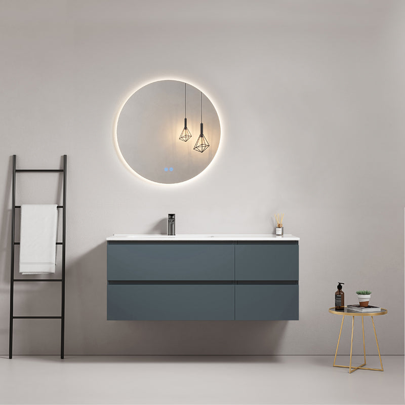 Mobile bagno sospeso 120 cm Blu Mare Lavabo a Sinistra in Ceramica Specchio Tondo Retroilluminato - Fiji Paint