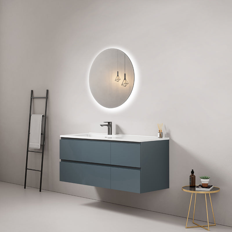 Mobile bagno sospeso 120 cm Blu Mare Lavabo a Sinistra in Ceramica Specchio Tondo Retroilluminato - Fiji Paint