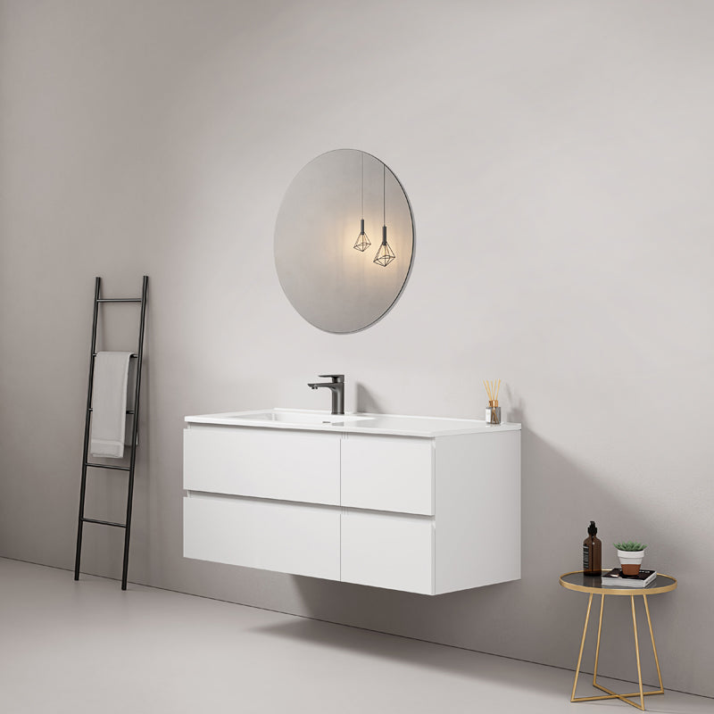 Mobile bagno sospeso 120 cm Bianco Lavabo a Sinistra in Ceramica Specchio Tondo - Fiji Paint