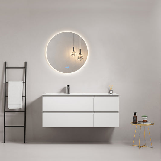 Mobile bagno sospeso 120 cm Bianco Lavabo a Sinistra in Ceramica Specchio Tondo Retroilluminato - Fiji Paint