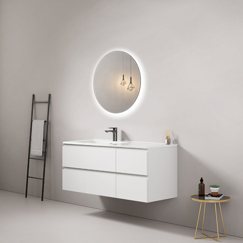 Mobile bagno sospeso 120 cm Bianco Lavabo a Sinistra in Ceramica Specchio Tondo Retroilluminato - Fiji Paint