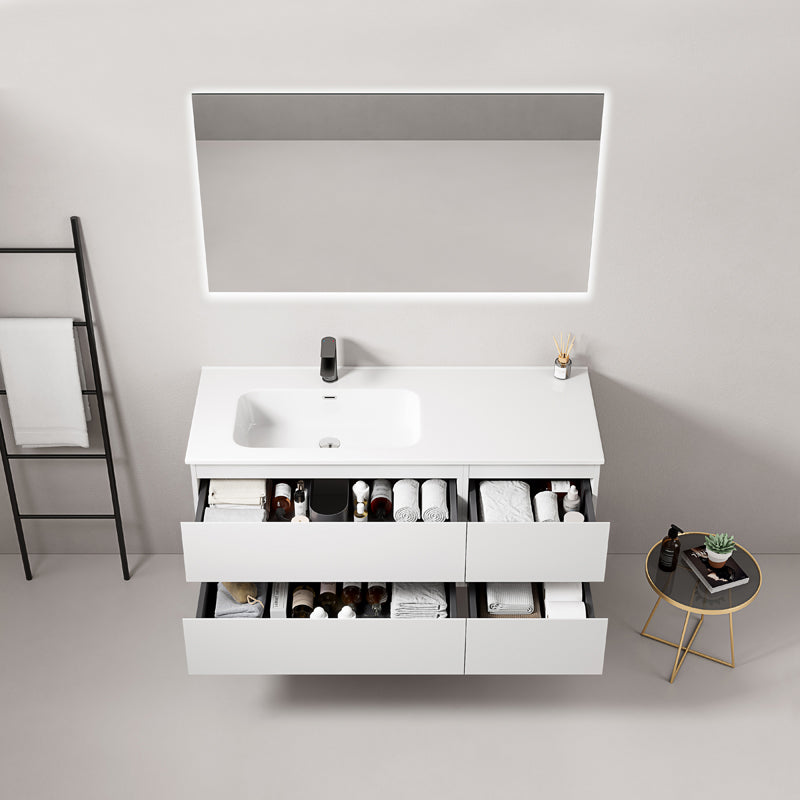 Mobile bagno sospeso 120 cm Bianco Lavabo a Sinistra in Ceramica Specchio Quadro Retroilluminato - Fiji Paint