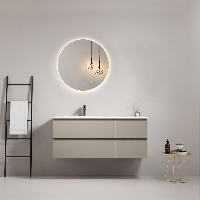 Mobile bagno sospeso 120 cm Grigio Cenere Lavabo a Sinistra in Ceramica Specchio Tondo Retroilluminato - Fiji Paint