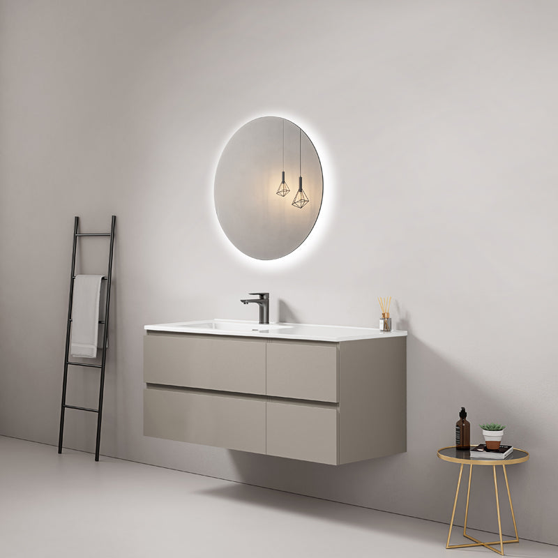 Mobile bagno sospeso 120 cm Grigio Cenere Lavabo a Sinistra in Ceramica Specchio Tondo Retroilluminato - Fiji Paint
