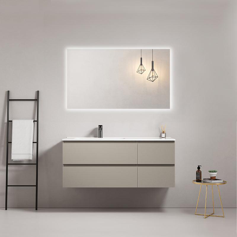 Mobile bagno sospeso 120 cm Grigio Cenere Lavabo a Sinistra in Ceramica Specchio Quadro Retroilluminato - Fiji Paint