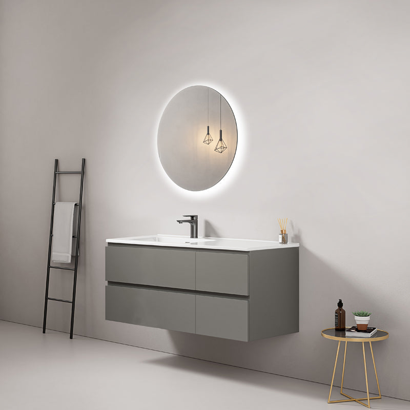 Mobile bagno sospeso 120 cm Grigio Londra Lavabo a Sinistra in Ceramica Specchio Tondo Retroilluminato - Fiji Paint