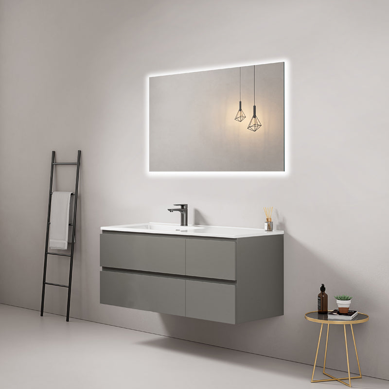Mobile bagno sospeso 120 cm Grigio Londra Lavabo a Sinistra in Ceramica Specchio Quadro Retroilluminato - Fiji Paint