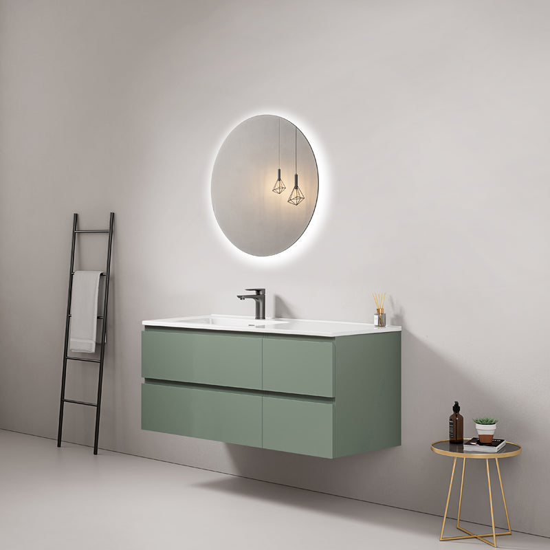Mobile bagno sospeso 120 cm Verde Salvia Lavabo a Sinistra in Ceramica Specchio Tondo Retroilluminato - Fiji Paint