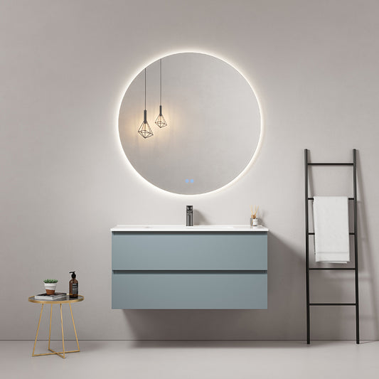 Mobile bagno sospeso 80 cm Blu Avio Lavabo in Ceramica Specchio Tondo Retroilluminato - Fiji Paint