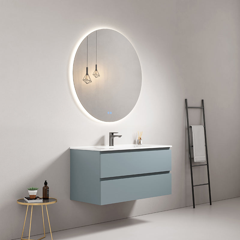 Mobile bagno sospeso 80 cm Blu Avio Lavabo in Ceramica Specchio Tondo Retroilluminato - Fiji Paint