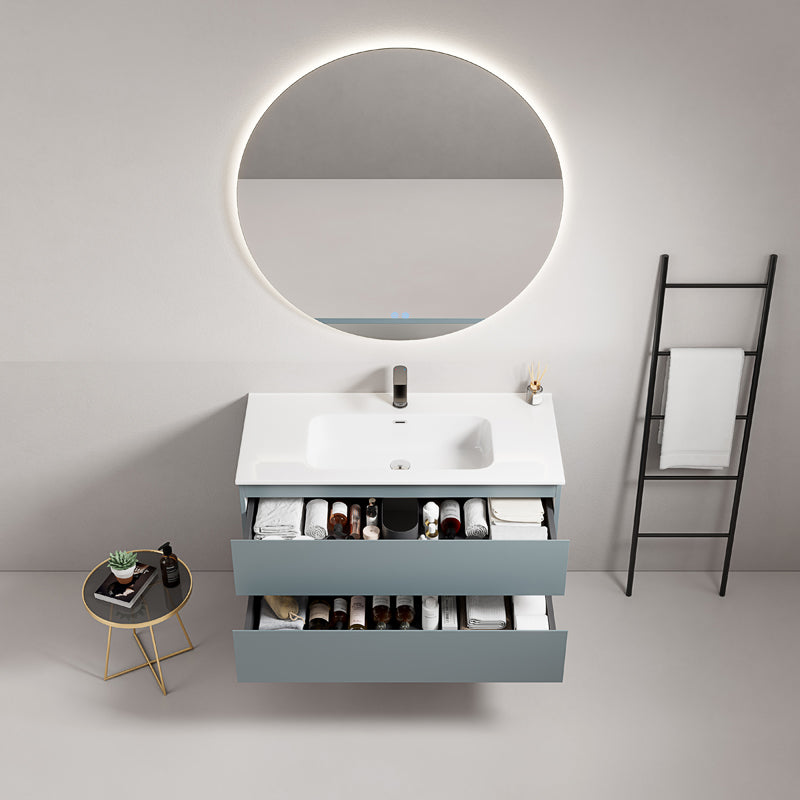 Mobile bagno sospeso 80 cm Blu Avio Lavabo in Ceramica Specchio Tondo Retroilluminato - Fiji Paint
