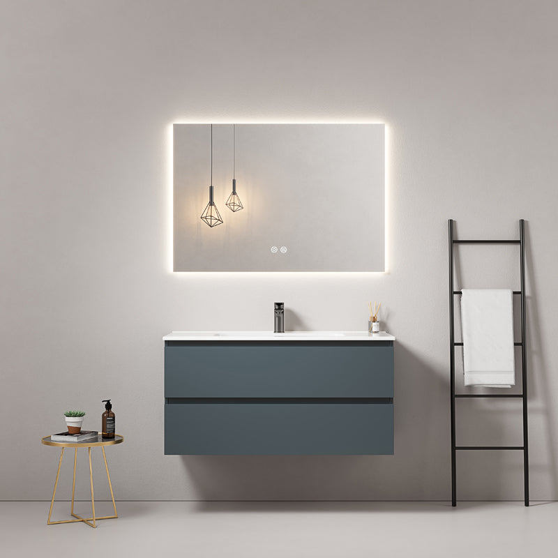 Mobile bagno sospeso 80 cm Blu Mare Lavabo in Ceramica Specchio Quadro Retroilluminato - Fiji Paint