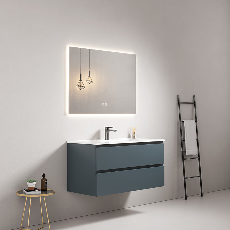 Mobile bagno sospeso 80 cm Blu Mare Lavabo in Ceramica Specchio Quadro Retroilluminato - Fiji Paint
