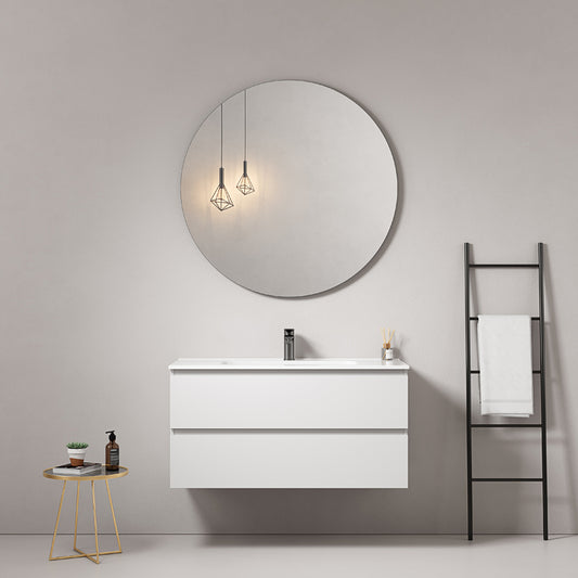 Mobile bagno sospeso 80 cm Bianco Lavabo in Ceramica Specchio Tondo - Fiji Paint