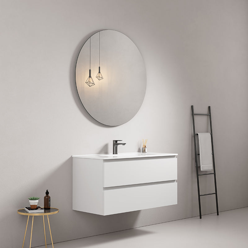 Mobile bagno sospeso 80 cm Bianco Lavabo in Ceramica Specchio Tondo - Fiji Paint