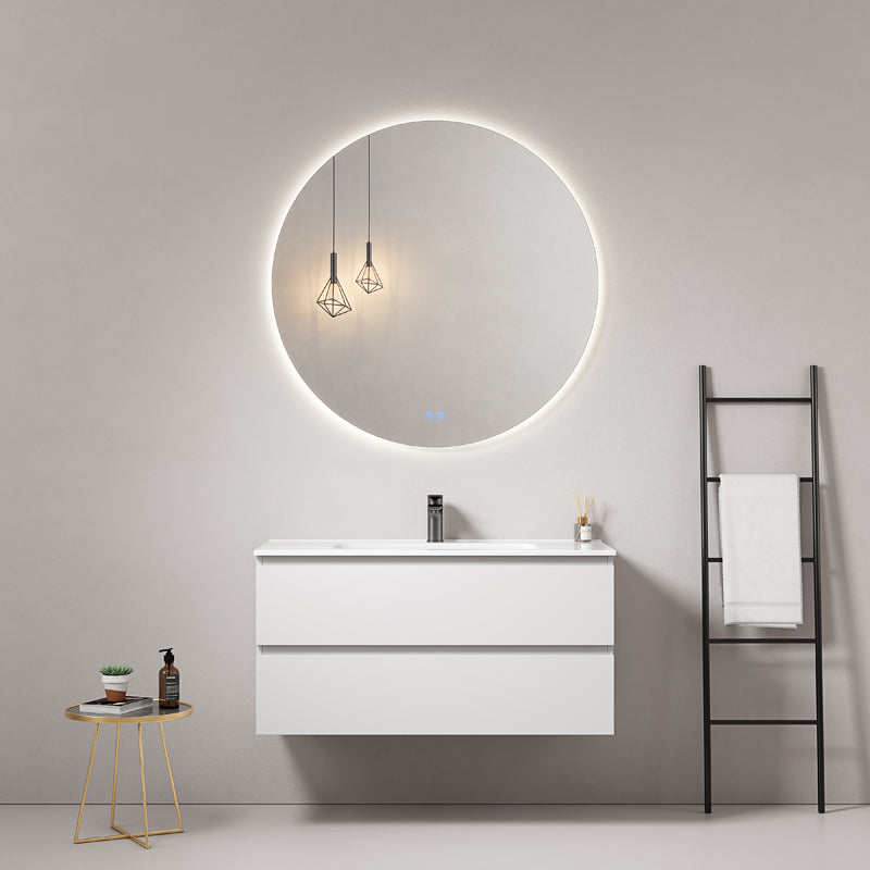Mobile bagno sospeso 80 cm Bianco Lavabo in Ceramica Specchio Tondo Retroilluminato - Fiji Paint