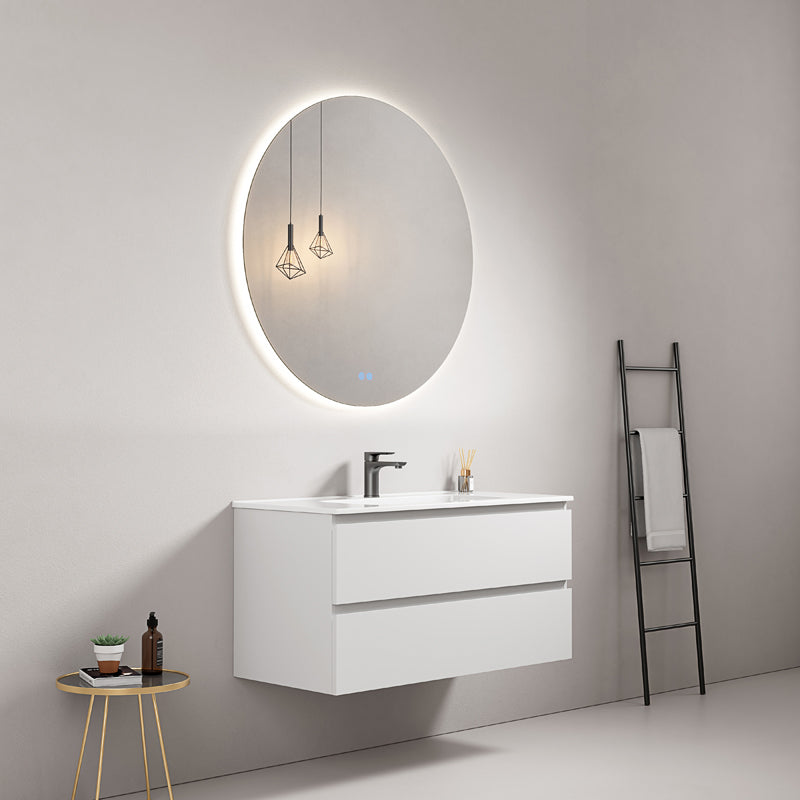 Mobile bagno sospeso 80 cm Bianco Lavabo in Ceramica Specchio Tondo Retroilluminato - Fiji Paint