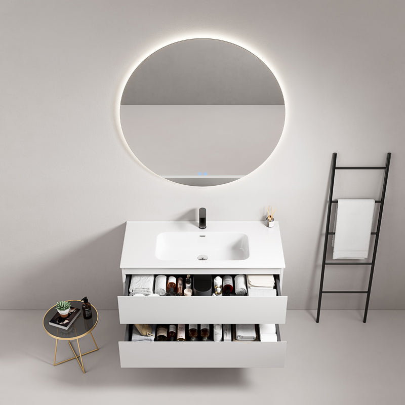 Mobile bagno sospeso 80 cm Bianco Lavabo in Ceramica Specchio Tondo Retroilluminato - Fiji Paint