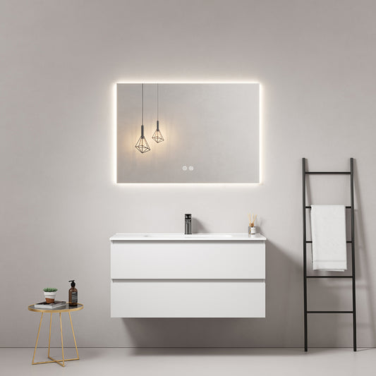 Mobile bagno sospeso 100 cm Bianco Lavabo in Ceramica Specchio Quadro Retroilluminato - Fiji Paint