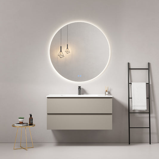 Mobile bagno sospeso 80 cm Grigio Cenere Lavabo in Ceramica Specchio Tondo Retroilluminato - Fiji Paint