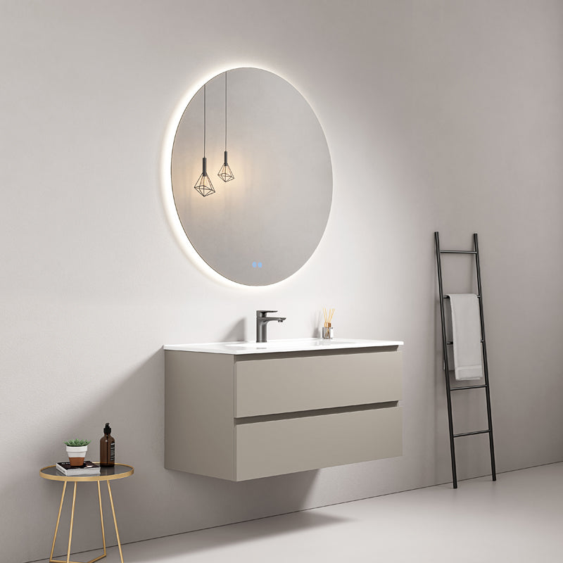 Mobile bagno sospeso 80 cm Grigio Cenere Lavabo in Ceramica Specchio Tondo Retroilluminato - Fiji Paint