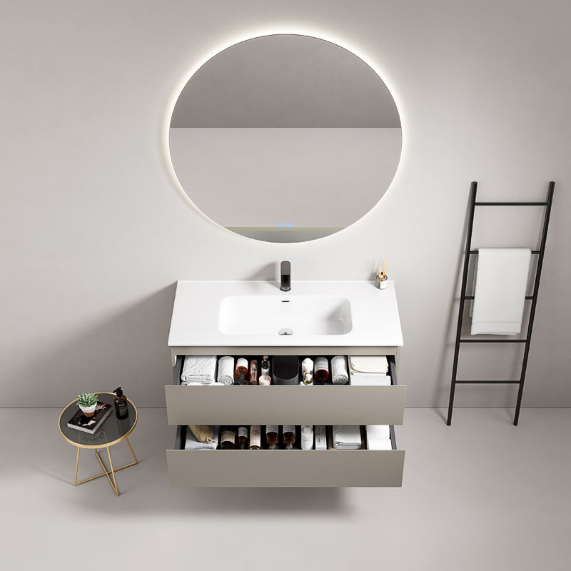 Mobile bagno sospeso 80 cm Grigio Cenere Lavabo in Ceramica Specchio Tondo Retroilluminato - Fiji Paint