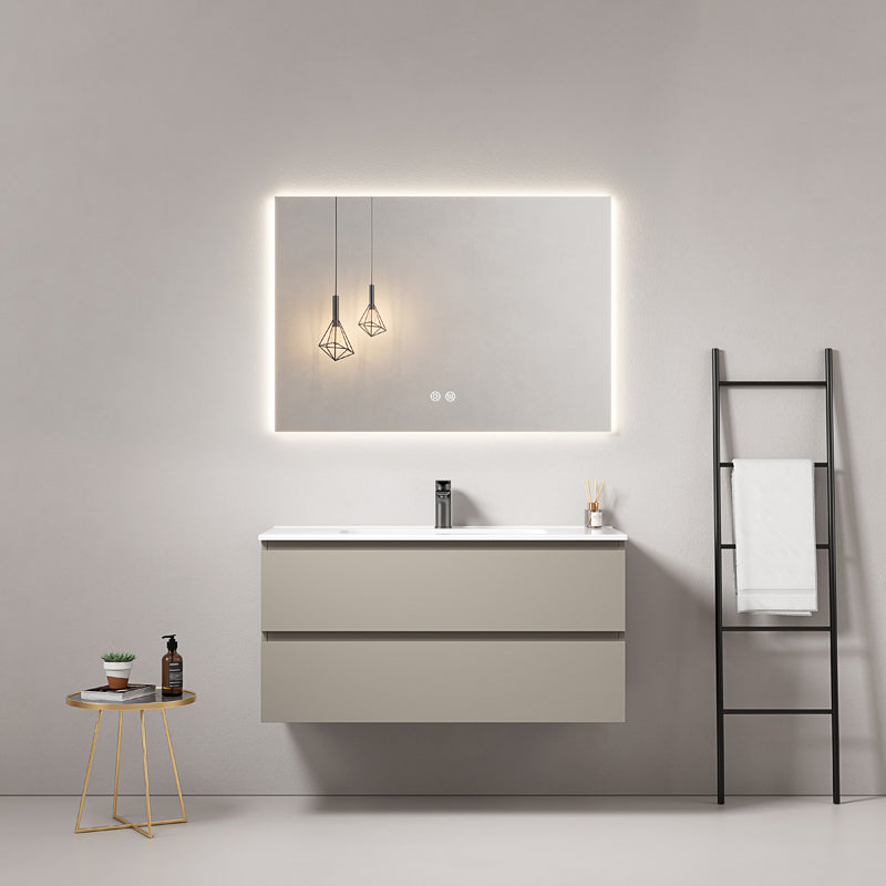 Mobile bagno sospeso 80 cm Grigio Cenere Lavabo in Ceramica Specchio Quadro Retroilluminato - Fiji Paint