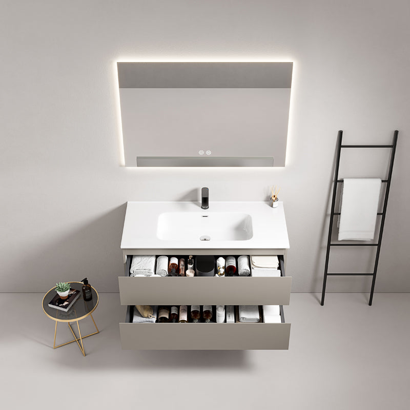 Mobile bagno sospeso 80 cm Grigio Cenere Lavabo in Ceramica Specchio Quadro Retroilluminato - Fiji Paint