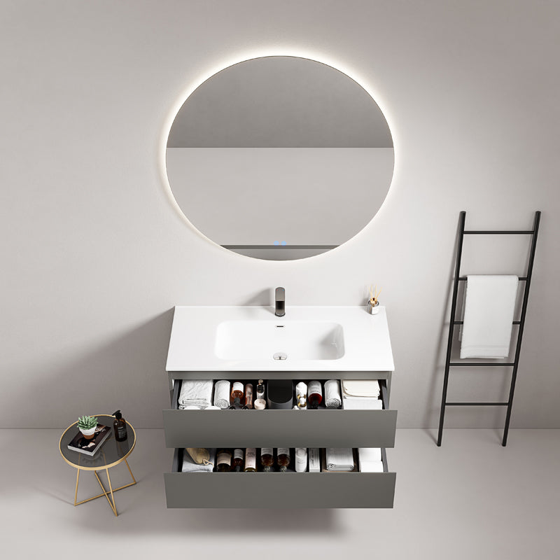 Mobile bagno sospeso 80 cm Grigio Londra Lavabo in Ceramica Specchio Tondo Retroilluminato - Fiji Paint