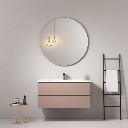 Mobile bagno sospeso 80 cm Rosa Retro Lavabo in Ceramica Specchio Tondo - Fiji Paint