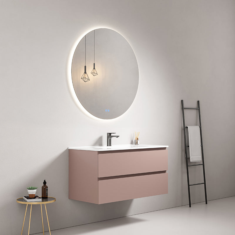 Mobile bagno sospeso 80 cm Rosa Retro Lavabo in Ceramica Specchio Tondo Retroilluminato - Fiji Paint