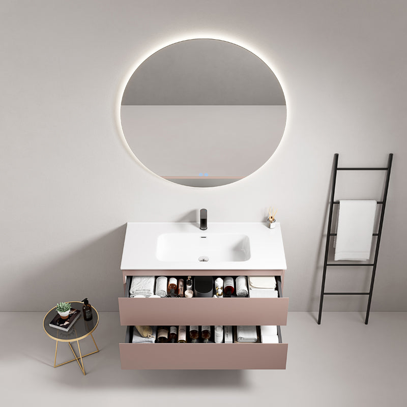 Mobile bagno sospeso 80 cm Rosa Retro Lavabo in Ceramica Specchio Tondo Retroilluminato - Fiji Paint
