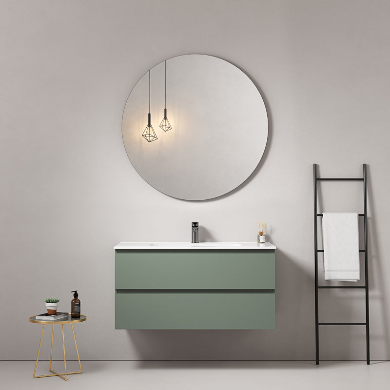 Mobile bagno sospeso 100 cm Verde Salvia Lavabo in Ceramica Specchio Tondo - Fiji Paint