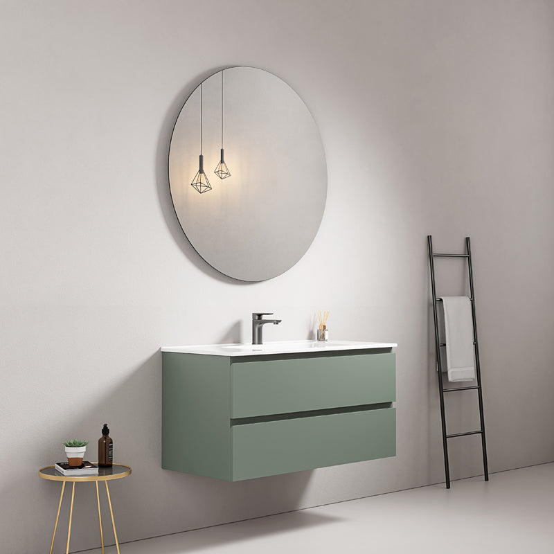 Mobile bagno sospeso 100 cm Verde Salvia Lavabo in Ceramica Specchio Tondo - Fiji Paint