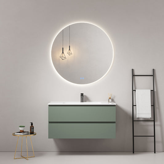 Mobile bagno sospeso 80 cm Verde Salvia Lavabo in Ceramica Specchio Tondo Retroilluminato - Fiji Paint