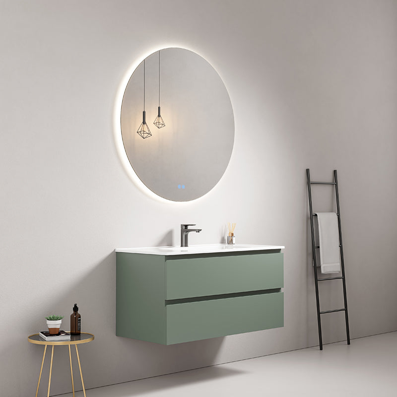 Mobile bagno sospeso 80 cm Verde Salvia Lavabo in Ceramica Specchio Tondo Retroilluminato - Fiji Paint