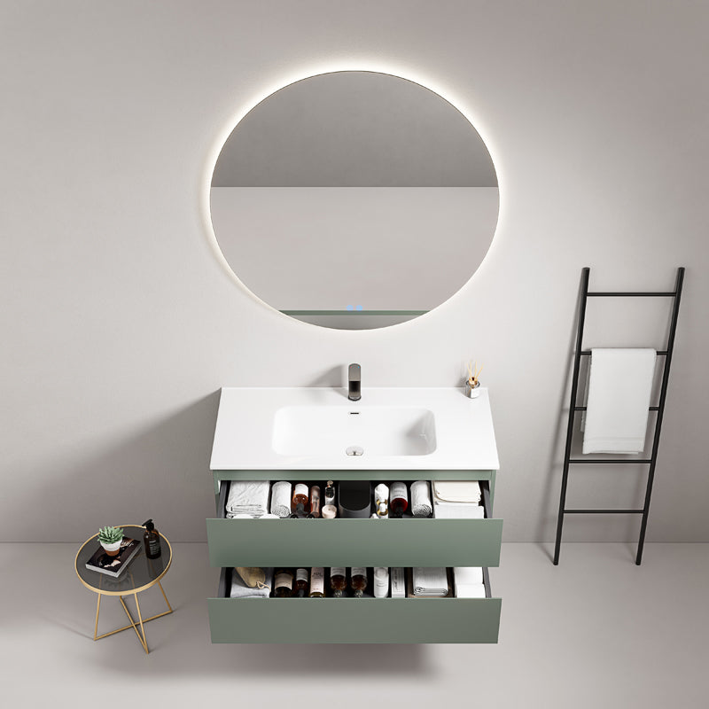 Mobile bagno sospeso 80 cm Verde Salvia Lavabo in Ceramica Specchio Tondo Retroilluminato - Fiji Paint