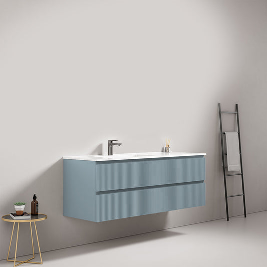 Mobile bagno sospeso cannettato 140 cm Blu Avio Lavabo a Sinistra in Resina Senza Specchio - Fiji Paint