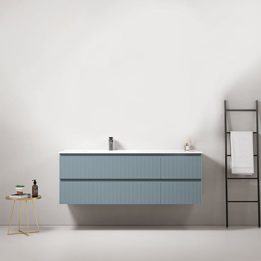 Mobile bagno sospeso cannettato 140 cm Blu Avio Lavabo a Sinistra in Resina Senza Specchio - Fiji Paint
