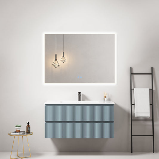 Mobile bagno sospeso cannettato 100 cm Blu Avio Lavabo in Ceramica Specchio Quadro Retroilluminato - Fiji Paint