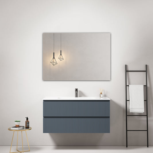 Mobile bagno sospeso cannettato 100 cm Blu Mare Lavabo in Ceramica Specchio Quadro - Fiji Paint