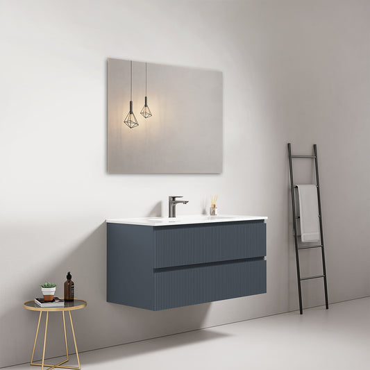 Mobile bagno sospeso cannettato 100 cm Blu Mare Lavabo in Ceramica Specchio Quadro - Fiji Paint
