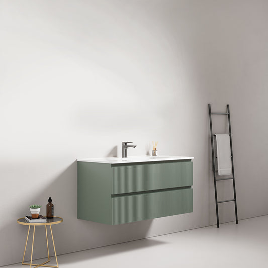 Mobile bagno sospeso cannettato 100 cm Verde Salvia Lavabo in Ceramica Senza Specchio - Fiji Paint