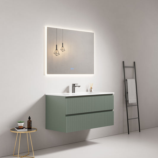 Mobile bagno sospeso cannettato 100 cm Verde Salvia Lavabo in Ceramica Specchio Quadro Retroilluminato - Fiji Paint