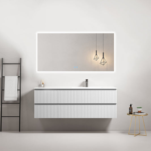 Mobile bagno sospeso cannettato 140 cm Bianco Lavabo a Destra in Resina Specchio Quadro Retroilluminato - Fiji Paint