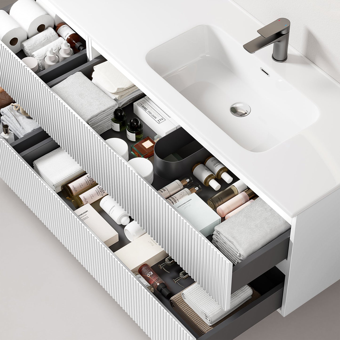 Mobile bagno sospeso cannettato 140 cm Bianco Lavabo a Destra in Resina Specchio Quadro Retroilluminato - Fiji Paint